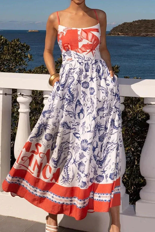 Elegant Hollow Out Sleeveless High Waist U-Collar Printed Maxi Dress