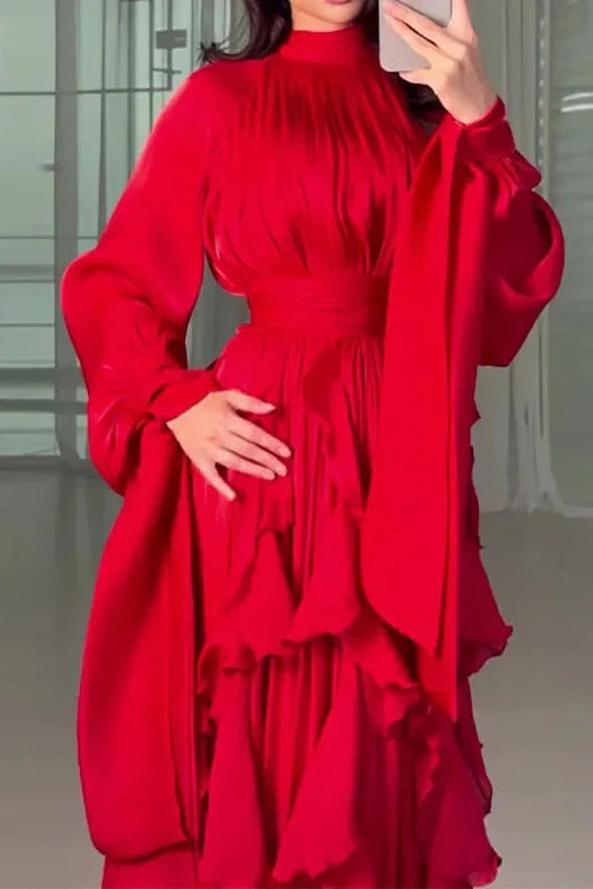Elegant Pleated High Collar Long Sleeve High Waist Maxi Dress