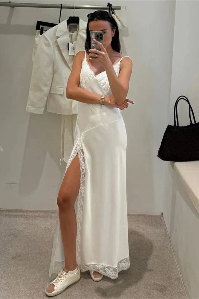 Lace Printed V-Neck Slim Patchwork Bodycon Maxi Dress