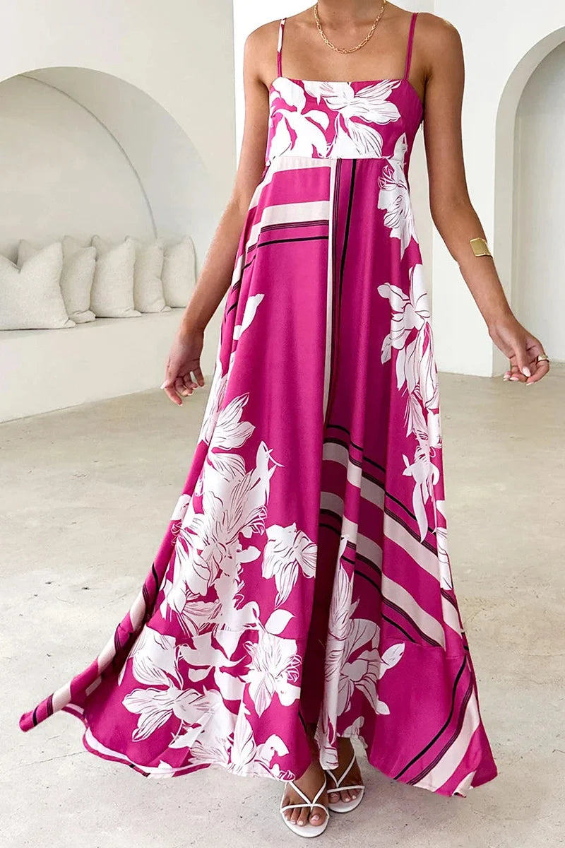 Printed Spaghetti Strap Backless A-Line Maxi Dress