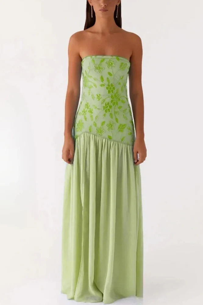 Off-Shoulder Split Print Strapless Backless Pleated Maxi Dress