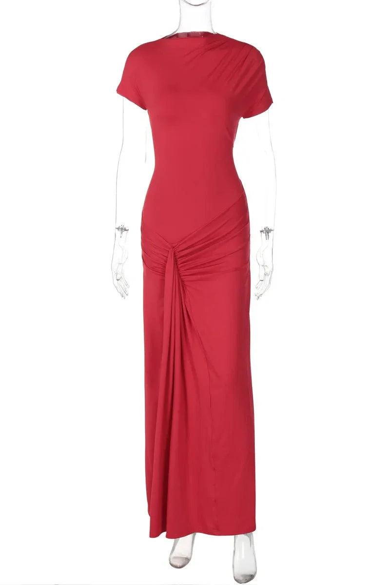 Elegant Slim Pleated Lace Up Short Sleeve Maxi Dress