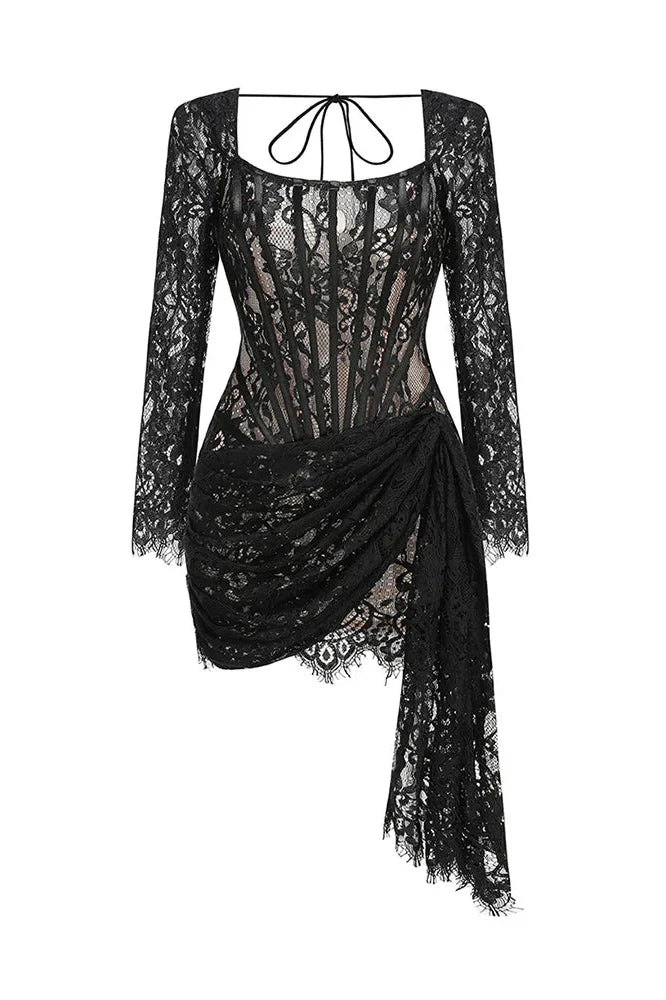 Lace See-Through Patchwork Bodycon Irregular Mini Dress