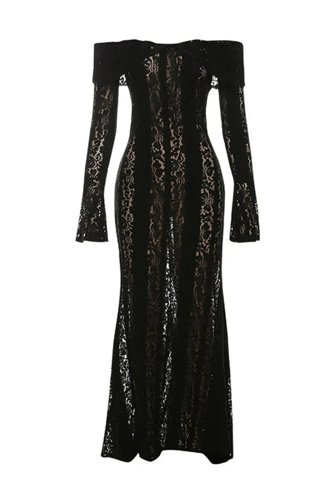 Off-Shoulder See-Through Printed Lace-Up High Waist Maxi Dress