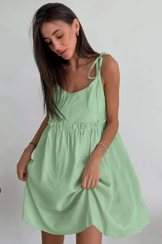Spaghetti Strap Loose Cotton Lace Up Mini Dress
