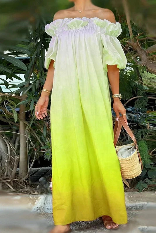 Off-Shoulder Pleated Loose Slash Collar Printed Maxi Dress