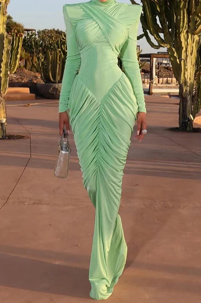 Elegant Backless Slim High Waist Turtleneck Long Sleeve Pleated Maxi Dress