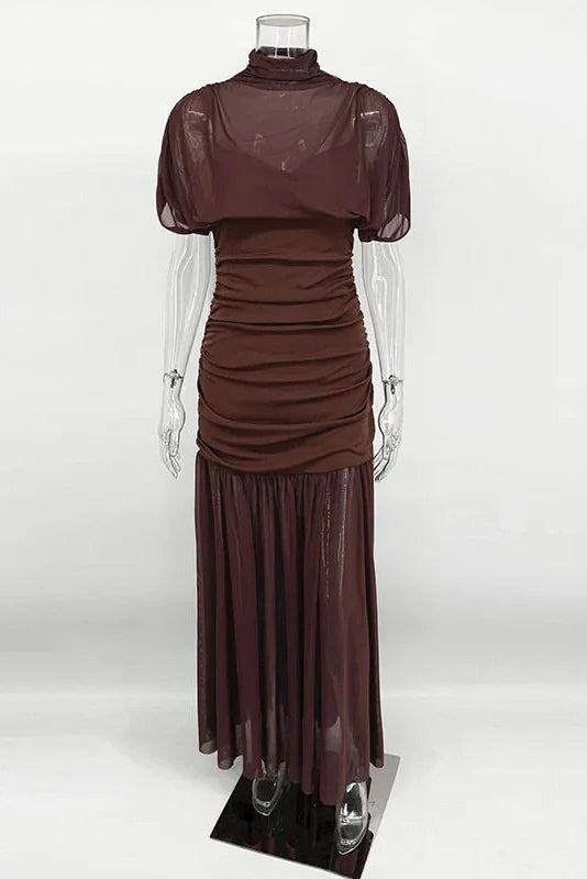 Elegant Pleated Slim Sleeveless Turtleneck Maxi Dress