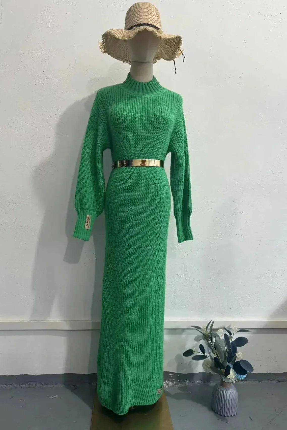 Elegant Knitted Turtleneck Long Sleeve Maxi Dress