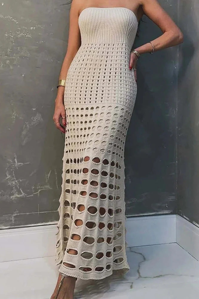 Hollow Out Strapless Off-Shoulder Knit Sleeveless Backless Maxi Dress
