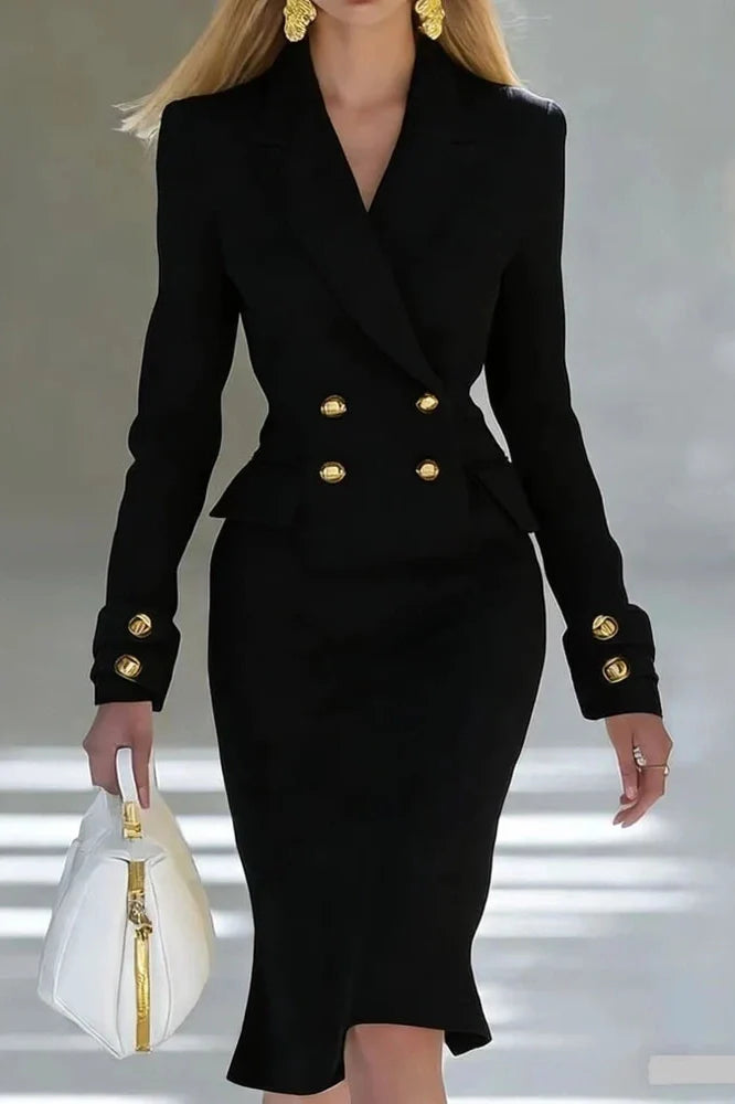 Elegant Long Sleeve V-Neck High Waist Slim Midi Dress