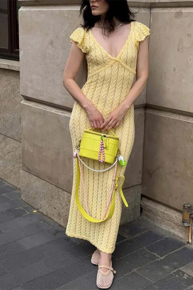 Hollow Out V-Neck Patchwork Maxi Dress