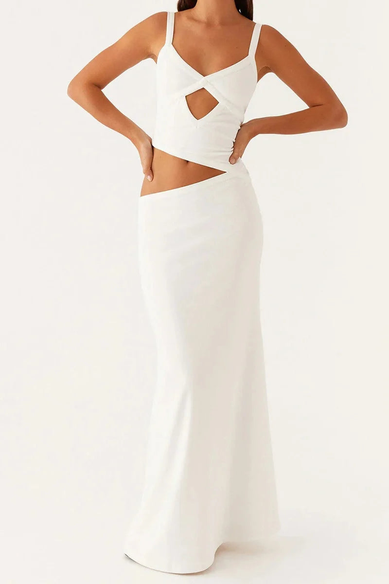 Hollowed Sleeveless V-Neck Backless Maxi Dress