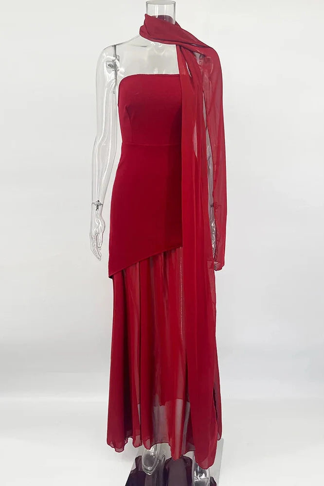 Elegant Strapless Slit Sleeveless Mesh Maxi Dress