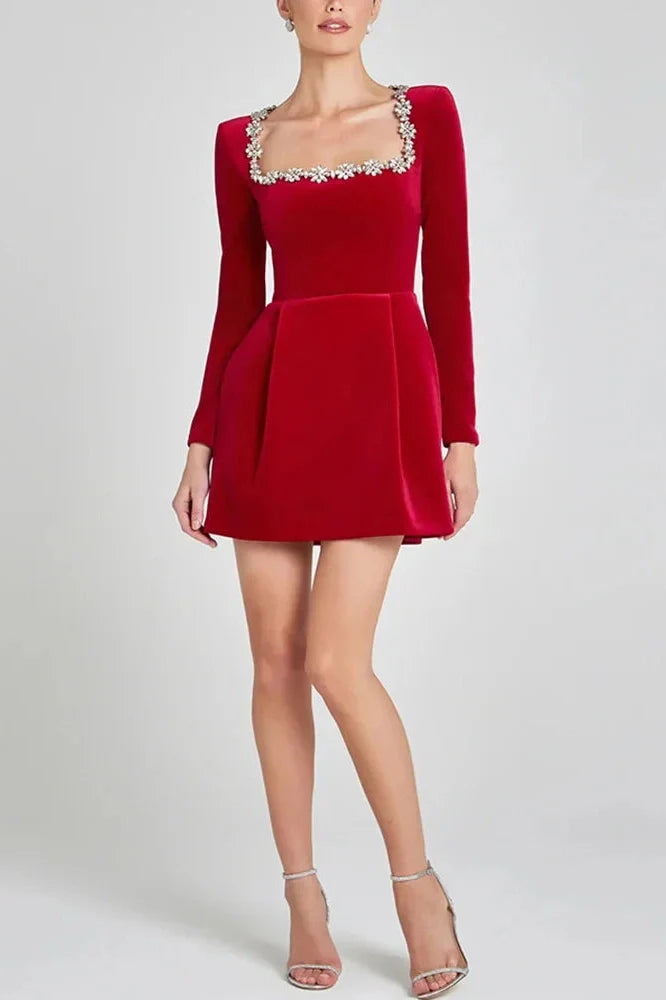 Elegant Square Neck Velvet Slim A-Line Long Sleeve Mini Dress