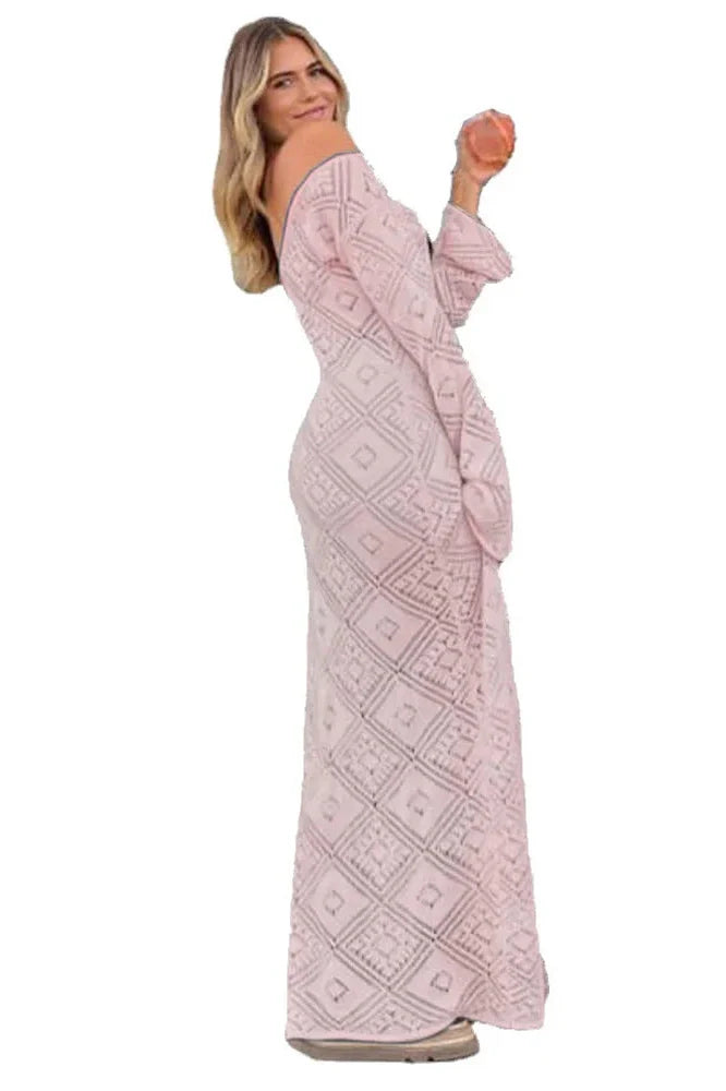 See-Through Loose Flared Sleeve Backless V-Neck Maxi Dress