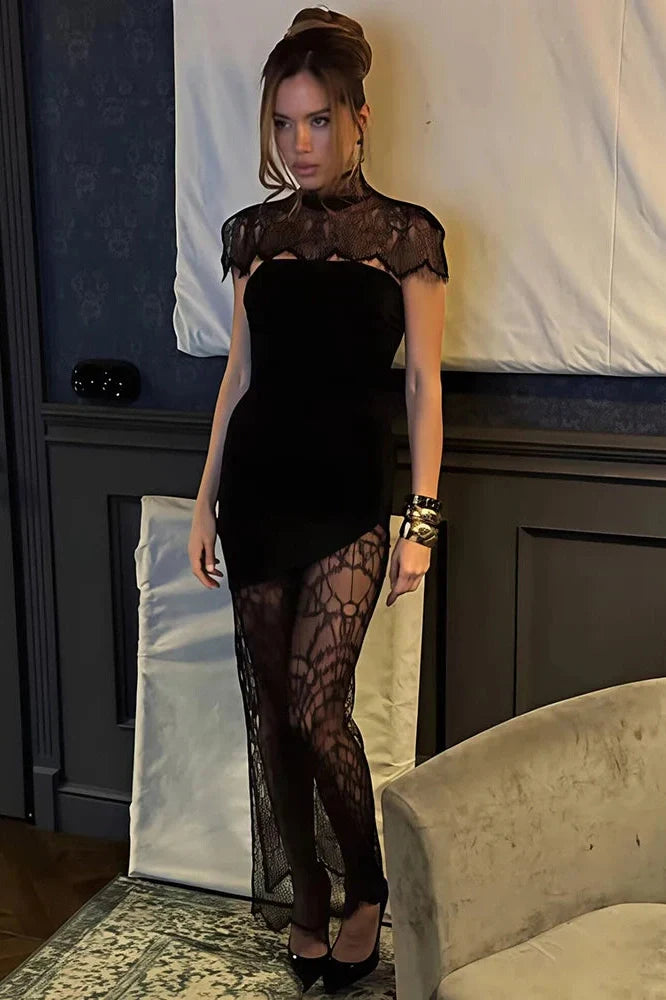 Lace Backless See Through Turtleneck Sleeveless Bodycon Mini Dress