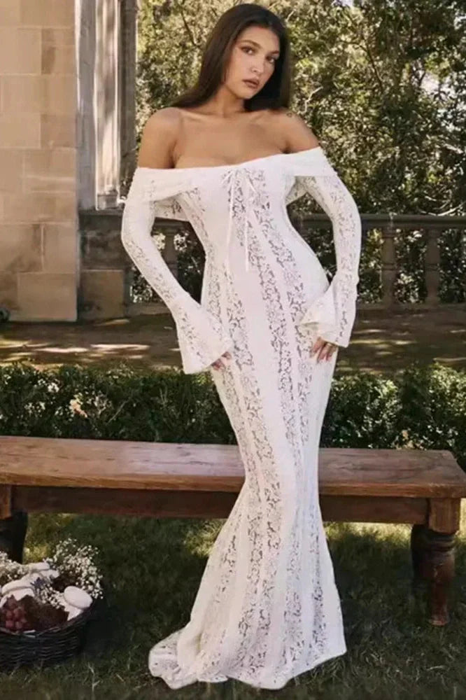 Elegant Lace Flare Sleeve Off-Shoulder Slim Strapless Mini Dress