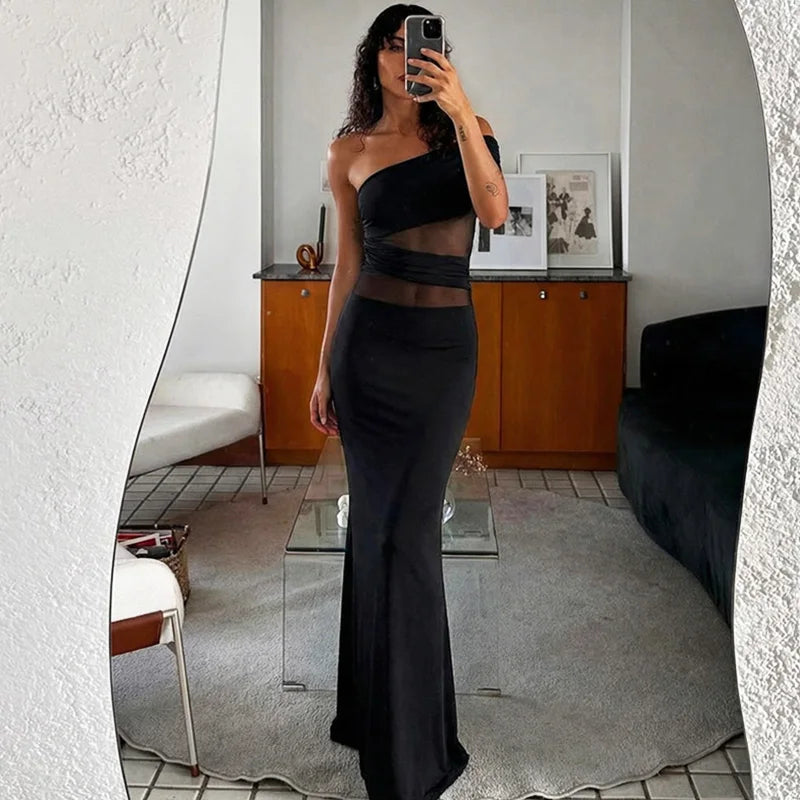 See Through Patchwork Off Shoulder Sleeveless Maxi Dress