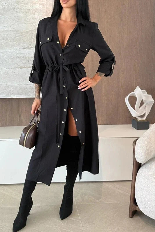 Elegant Single Breasted Lace Up High Waist Midi Dress