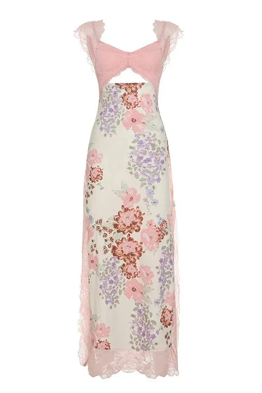 Printed Split Lace Sleeveless Backless Irregular Maxi Dress