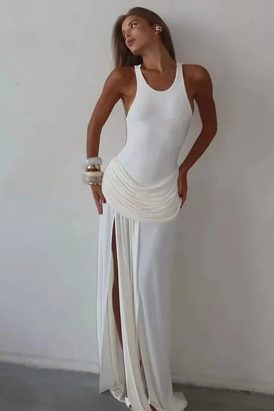 Elegant Slit Pleated Sleeveless Slim High Waist Patchwork Maxi Dress