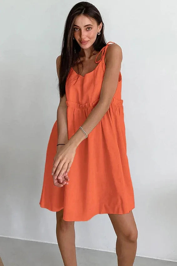 Spaghetti Strap Loose Cotton Lace Up Mini Dress