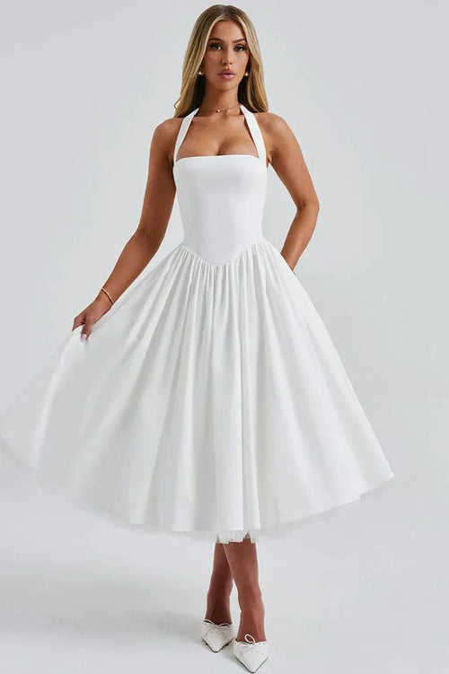 Backless Square Collar Sleeveless High Waist A-Line Midi Dress