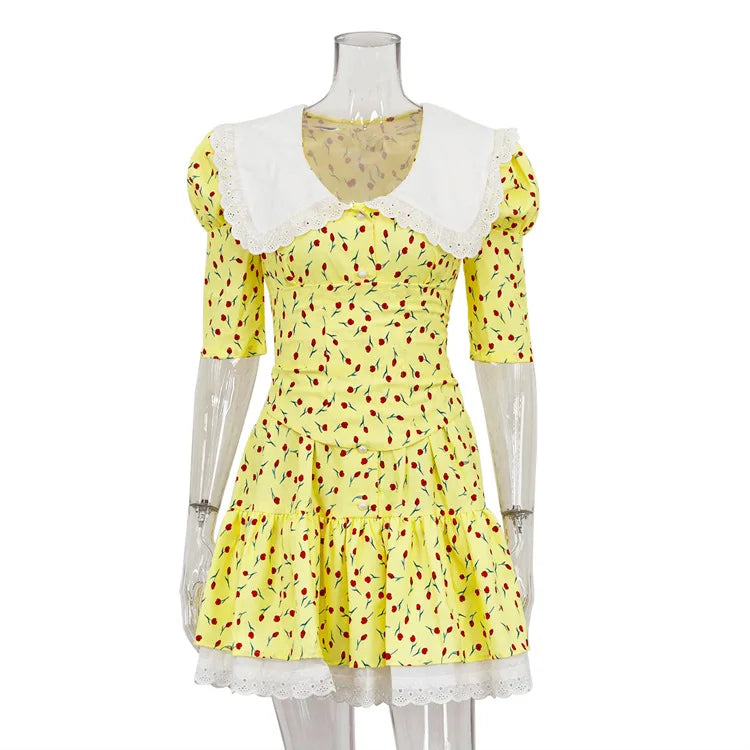 Short Sleeve Lace High Waist Mini Dress