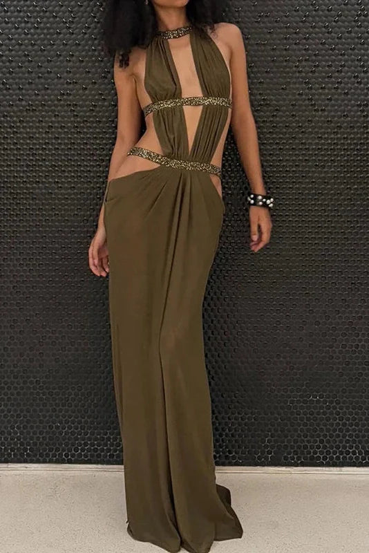 Hollow Out Backless Sleeveless Pleated Slim Maxi Dress