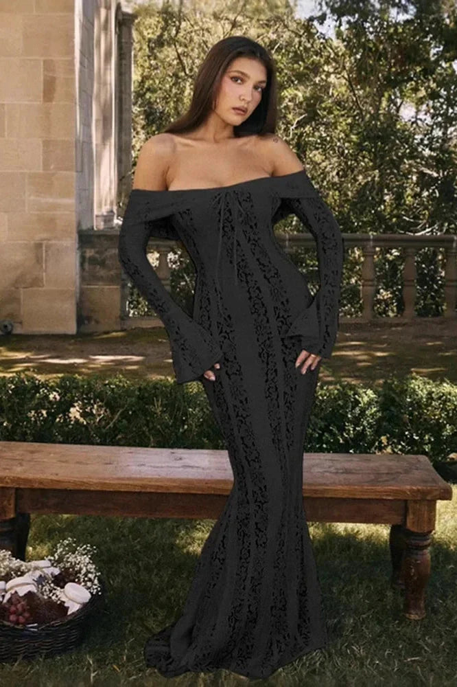 Elegant Lace Flare Sleeve Off-Shoulder Slim Strapless Mini Dress
