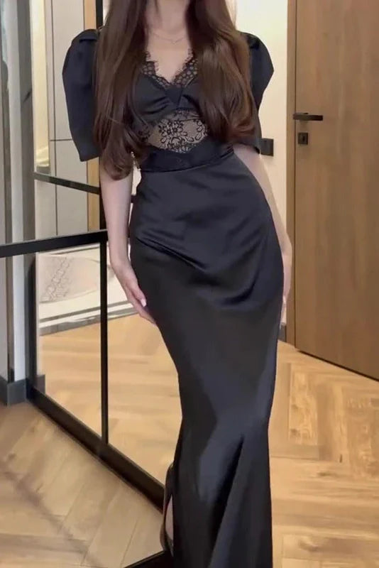 Short Sleeve Lace V-Neck Printed High Waist Maxi Dress