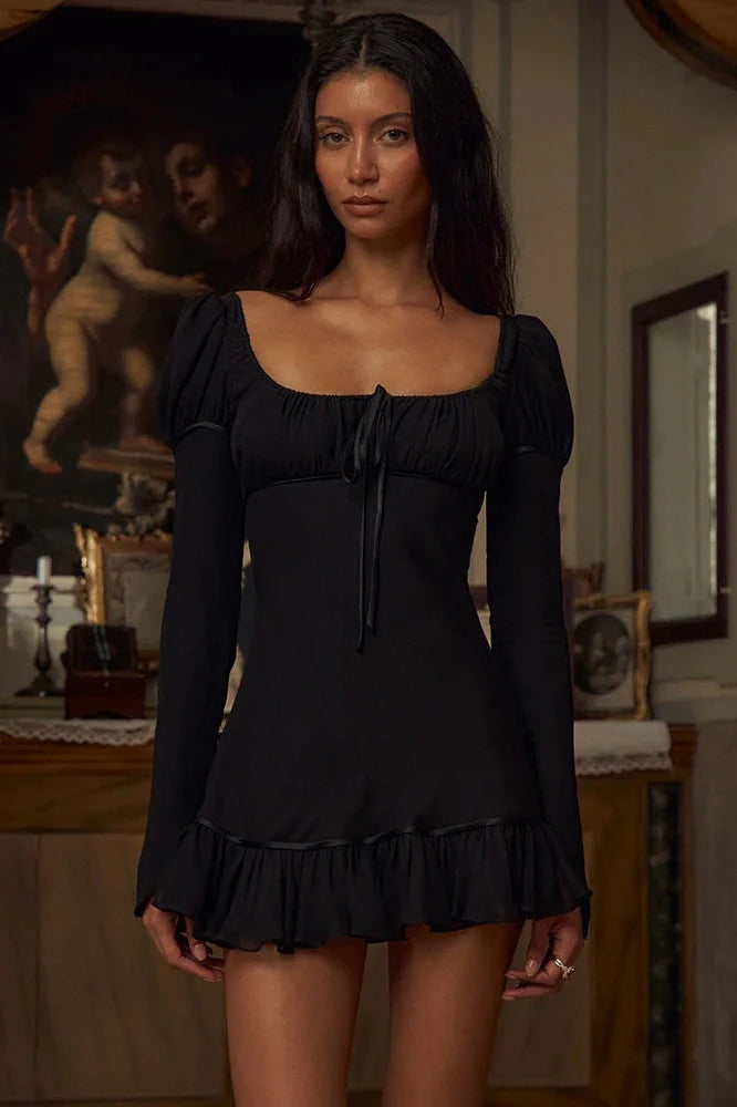 Long Sleeve Square Collar Backless Lace-up Mini Dress
