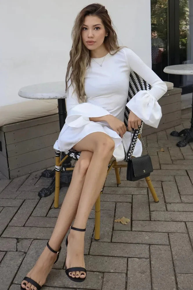 Long Flare Sleeve Patchwork O-Neck A-line Mini Dress