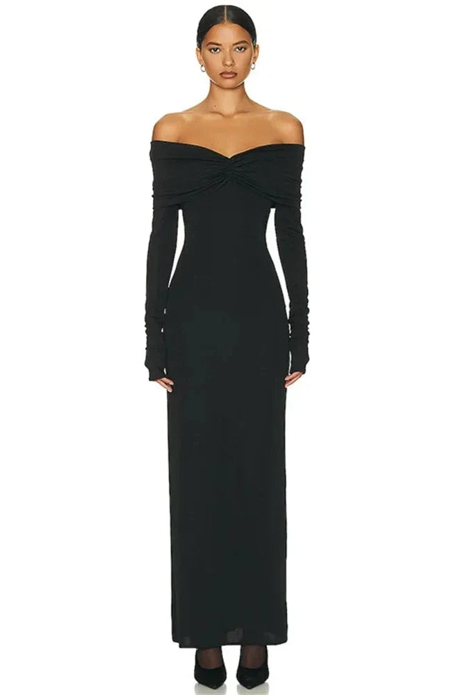 Pleated Slim Patchwork Off-Shoulder High Waist Maxi Dress