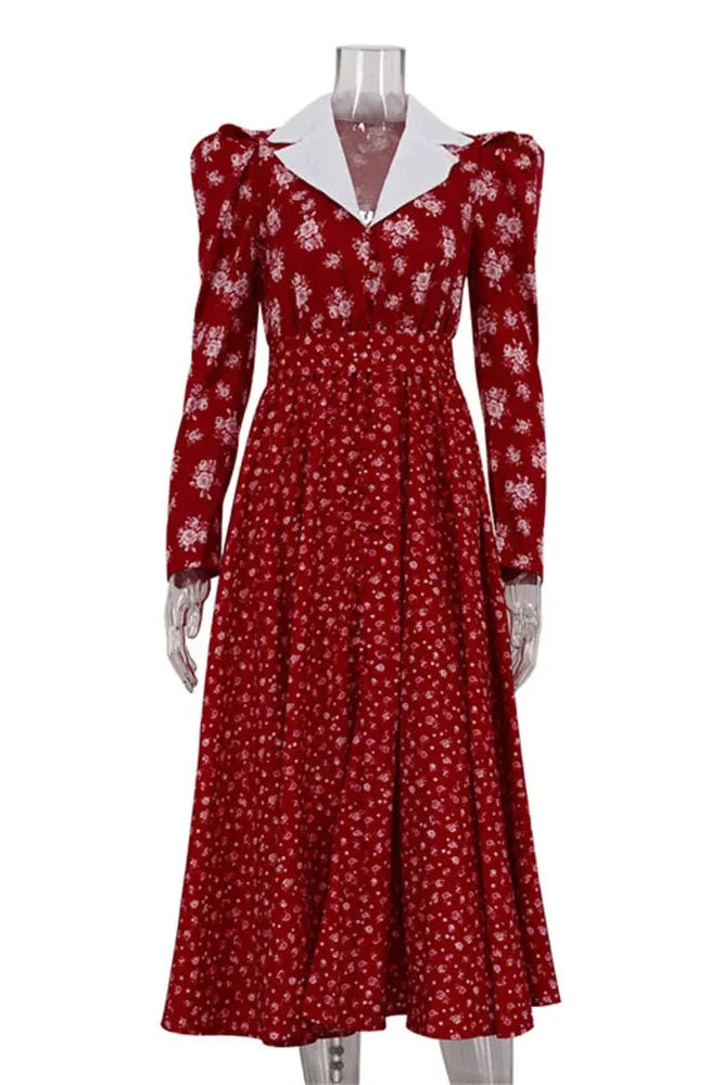 Printed V-Neck Patchwork Long Sleeve High Waist Midi Dress