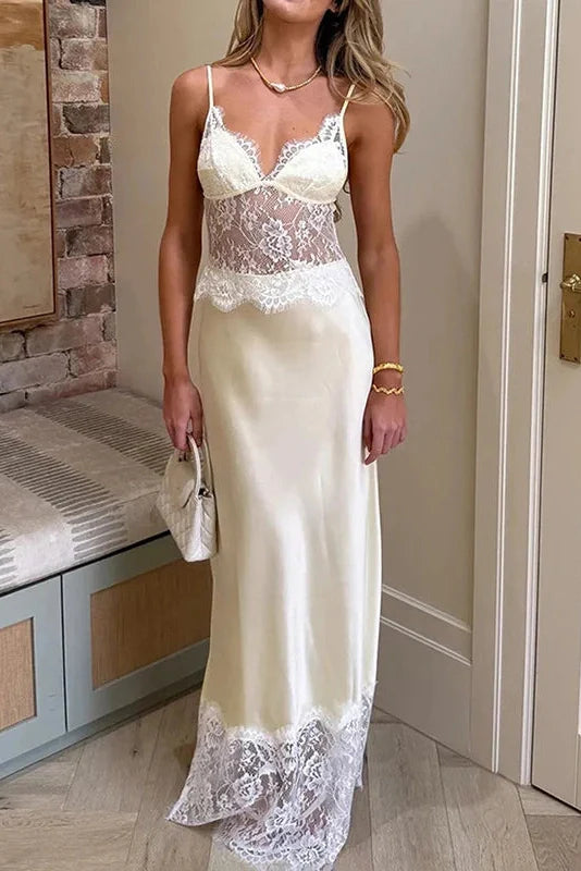 See-Through Slim Sleeveless Backless Pleated Lace Maxi Dress