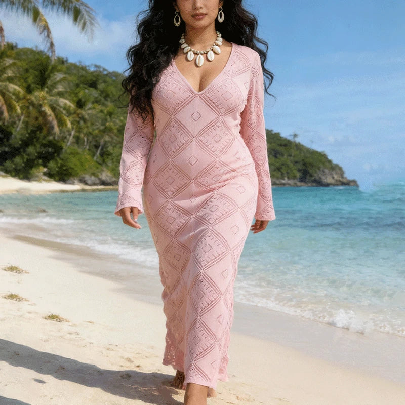 Elegant V-Neck Hollow Out See Through Maxi Dress