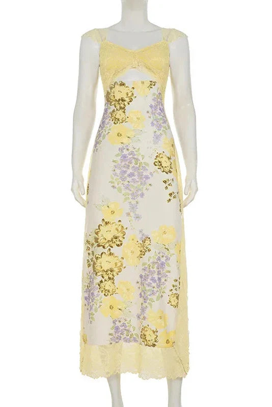 Hollow Out Printed Lace Patchwork Slim Maxi Dress