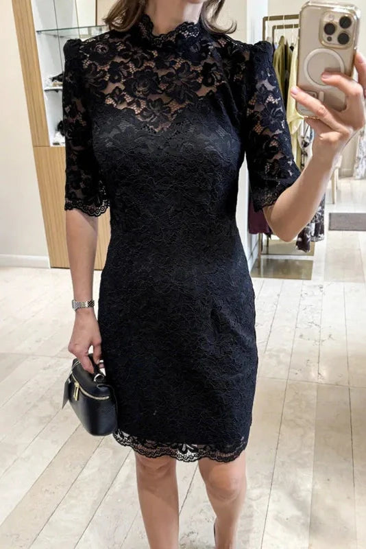 See-Through Lace Patchwork Short Sleeve Mini Dress