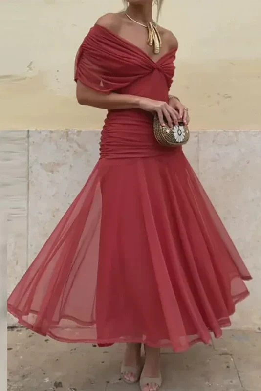 Printed Shawl Sleeve High Waist Pleated V-Neck Off Shoulder Maxi Dress