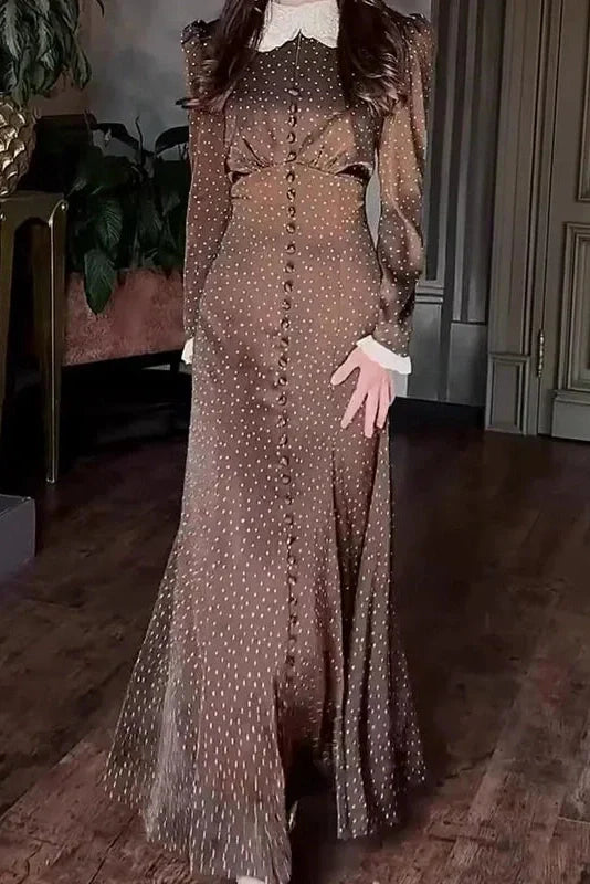 Elegant Long Sleeve Slim Lace Up High Waist Pleat Printed Maxi Dress