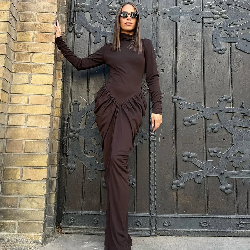 Elegant High Neck High Waist Long Sleeve Maxi Dress