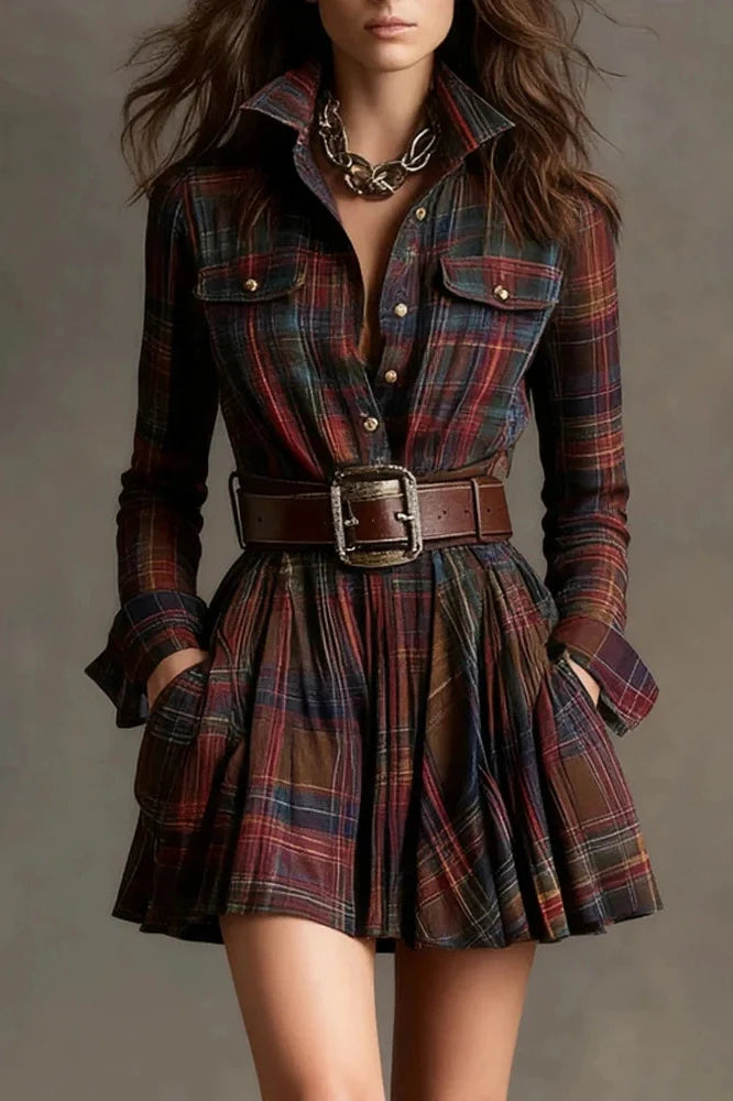 Long Sleeve Pleated High Waist Slim Stripe Printed Mini Dress