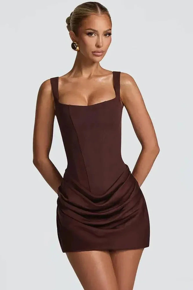 Straps Square Collar Sleeveless High Waist Backless Mini Dress