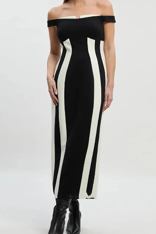 Elegant High Waist Sleeveless Slim Slash Collar Midi Dress