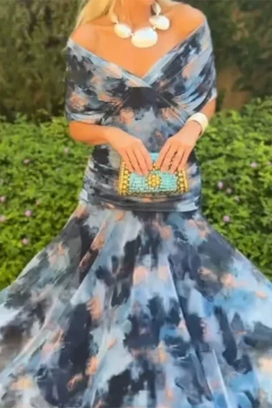 Printed Shawl Sleeve High Waist Pleated V-Neck Off Shoulder Maxi Dress