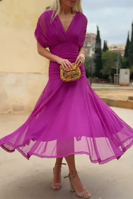 Printed Shawl Sleeve High Waist Pleated V-Neck Off Shoulder Maxi Dress