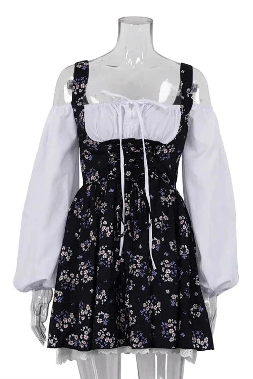 Puff Sleeve Two Piece Strapless Lace Up Mini Dress