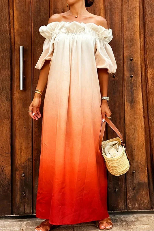 Off-Shoulder Pleated Loose Slash Collar Printed Maxi Dress